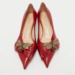 Pre Owned Gucci Red Leather Queen Margaret Bow Pumps Size 39