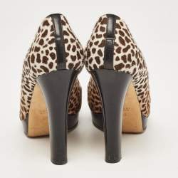 Gucci Brown/Beige Animal Print Calf Hair Icon Bit Peep Toe Platform Pumps Size 39