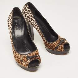 Gucci Brown/Beige Animal Print Calf Hair Icon Bit Peep Toe Platform Pumps Size 39