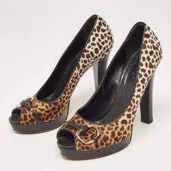 Gucci Brown/Beige Animal Print Calf Hair Icon Bit Peep Toe Platform Pumps Size 39