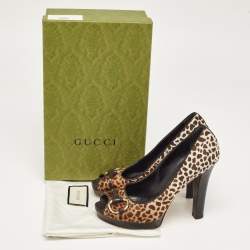 Gucci Brown/Beige Animal Print Calf Hair Icon Bit Peep Toe Platform Pumps Size 39