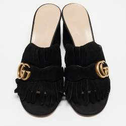 Gucci Black Suede GG Marmont Slides Size 37