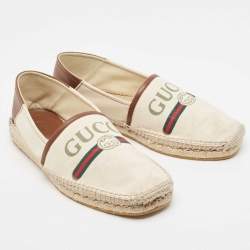 Pre Owned Gucci White/Brown Leather and Canvas  Espadrille Flats Size 40