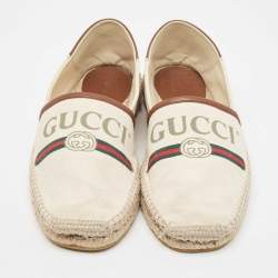 Pre Owned Gucci White/Brown Leather and Canvas  Espadrille Flats Size 40