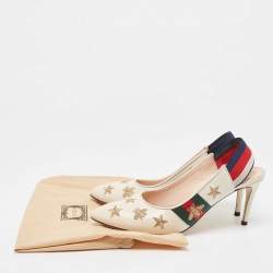 Pre Owned Gucci Off White Leather Bee Star Embroidered Web Sylvie Slingback Pumps Size 38.5