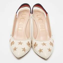 Pre Owned Gucci Off White Leather Bee Star Embroidered Web Sylvie Slingback Pumps Size 38.5