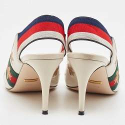 Pre Owned Gucci Off White Leather Bee Star Embroidered Web Sylvie Slingback Pumps Size 38.5