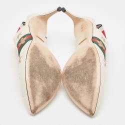 Pre Owned Gucci Off White Leather Bee Star Embroidered Web Sylvie Slingback Pumps Size 38.5