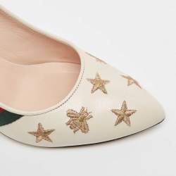 Pre Owned Gucci Off White Leather Bee Star Embroidered Web Sylvie Slingback Pumps Size 38.5