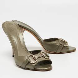 Gucci Metallic Leather Horsebit Slide Sandals Size 37