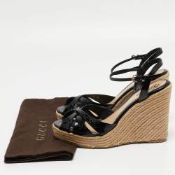 Gucci Black Microguccissima Patent Leather Penelope Espadrille Wedge Sandals Size 39