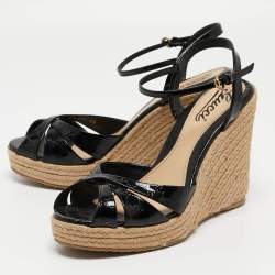 Gucci Black Microguccissima Patent Leather Penelope Espadrille Wedge Sandals Size 39
