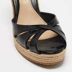Gucci Black Microguccissima Patent Leather Penelope Espadrille Wedge Sandals Size 39