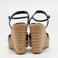 Gucci Black Microguccissima Patent Leather Penelope Espadrille Wedge Sandals Size 39