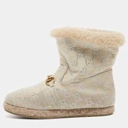 Pre Owned Gucci Beige Canvas and Fur Fria Horsebit Ankle Boots Size 37