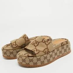 Gucci Brown/Beige GG Canvas Platform Slide Sandals Size 37