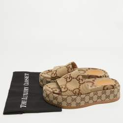 Gucci Brown/Beige GG Canvas Platform Slide Sandals Size 37