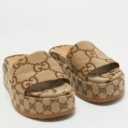 Gucci Brown/Beige GG Canvas Platform Slide Sandals Size 37