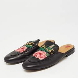 Gucci Black Leather Rose Embroidered Princetown Horsebit Flat Mules Size 37