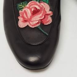 Gucci Black Leather Rose Embroidered Princetown Horsebit Flat Mules Size 37