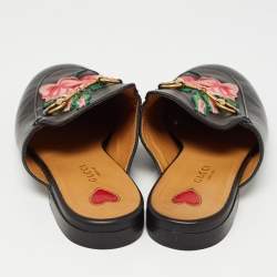 Gucci Black Leather Rose Embroidered Princetown Horsebit Flat Mules Size 37