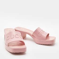 Gucci Pink Rubber Embossed Logo Block Heel Slide Sandals Size 39