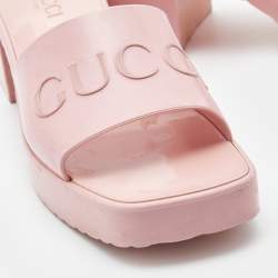 Gucci Pink Rubber Embossed Logo Block Heel Slide Sandals Size 39