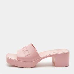 Gucci Pink Rubber Embossed Logo Block Heel Slide Sandals Size 39