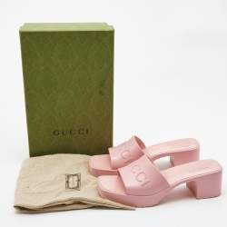 Gucci Pink Rubber Embossed Logo Block Heel Slide Sandals Size 39