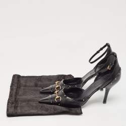 Pre Owned Gucci Black Leather Horsebit Studded Pointed Toe Ankle Strap Pumps Size 36