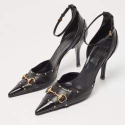 Pre Owned Gucci Black Leather Horsebit Studded Pointed Toe Ankle Strap Pumps Size 36