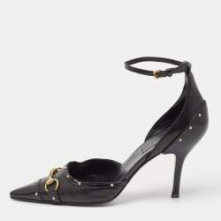 Pre Owned Gucci Black Leather Horsebit Studded Pointed Toe Ankle Strap Pumps Size 36