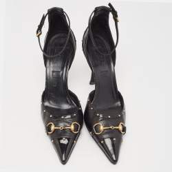 Pre Owned Gucci Black Leather Horsebit Studded Pointed Toe Ankle Strap Pumps Size 36