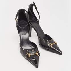 Pre Owned Gucci Black Leather Horsebit Studded Pointed Toe Ankle Strap Pumps Size 36