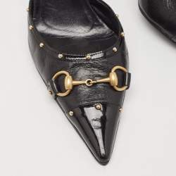 Pre Owned Gucci Black Leather Horsebit Studded Pointed Toe Ankle Strap Pumps Size 36