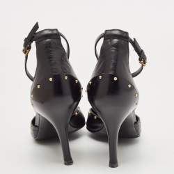 Pre Owned Gucci Black Leather Horsebit Studded Pointed Toe Ankle Strap Pumps Size 36
