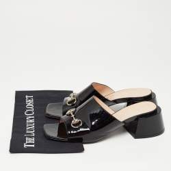Gucci Black Patent Leather Horsebit Block Heel Slide Sandals Size 39.5