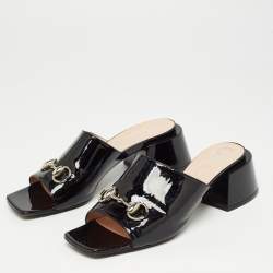 Gucci Black Patent Leather Horsebit Block Heel Slide Sandals Size 39.5