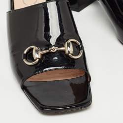 Gucci Black Patent Leather Horsebit Block Heel Slide Sandals Size 39.5
