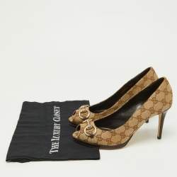 Pre Owned Gucci Beige/Brown GG Canvas Hollywood Horsebit Peep Toe Pumps Size 38.5