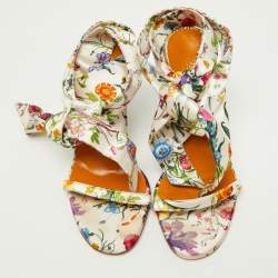 Gucci Floral Printed Satin Ankle Strap Wedge Sandals Size 38.5