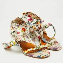 Gucci Floral Printed Satin Ankle Strap Wedge Sandals Size 38.5