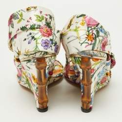 Gucci Floral Printed Satin Ankle Strap Wedge Sandals Size 38.5