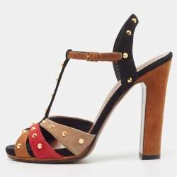 Gucci Multicolor Suede Spiked T-Bar Ankle Strap Sandals Size 40