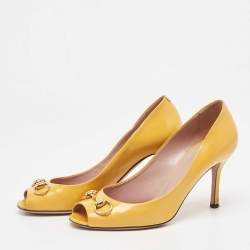 Pre Owned Gucci Yellow Patent Leather Horsebit Peep Toe Pumps Size 39