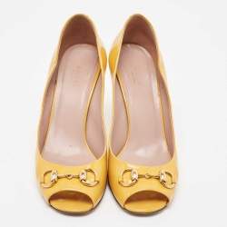 Pre Owned Gucci Yellow Patent Leather Horsebit Peep Toe Pumps Size 39