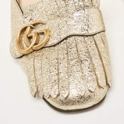 Pre Owned Gucci Gold Crinkled Leather GG Marmont Flat Mules Size 37.5