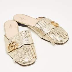 Pre Owned Gucci Gold Crinkled Leather GG Marmont Flat Mules Size 37.5
