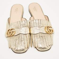 Pre Owned Gucci Gold Crinkled Leather GG Marmont Flat Mules Size 37.5