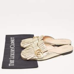 Pre Owned Gucci Gold Crinkled Leather GG Marmont Flat Mules Size 37.5